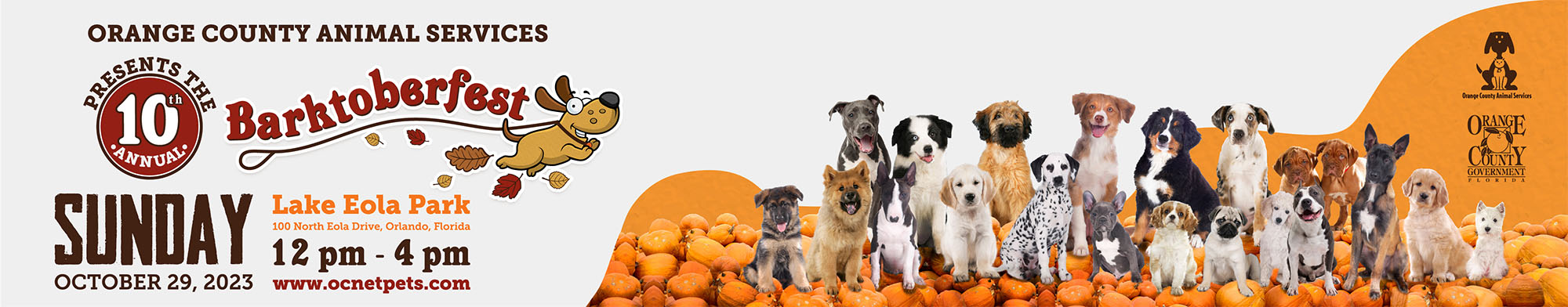 Orange County Animal Services 9th Annual Barktoberfest - Sunday November 20, 2022 - Lake Eola Park 12pm - 4pm - 100 North Eola Drive Orlando, FL - Dozens of rescue oets available for adoption - Free rabies vaccinations and microchipping - Food Trucks